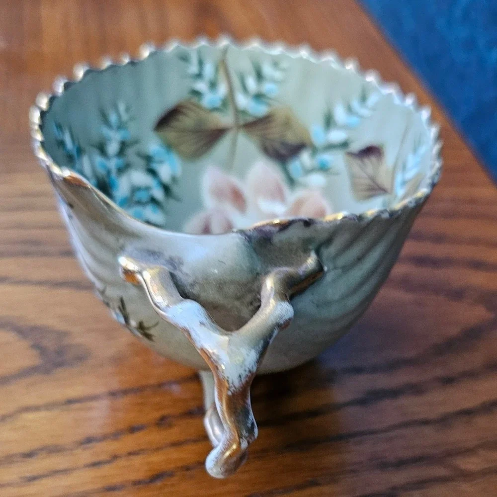 Antique Depon 3817 Porcelain Footed Cup Hand Painted Floral Shell Scalloped Gold